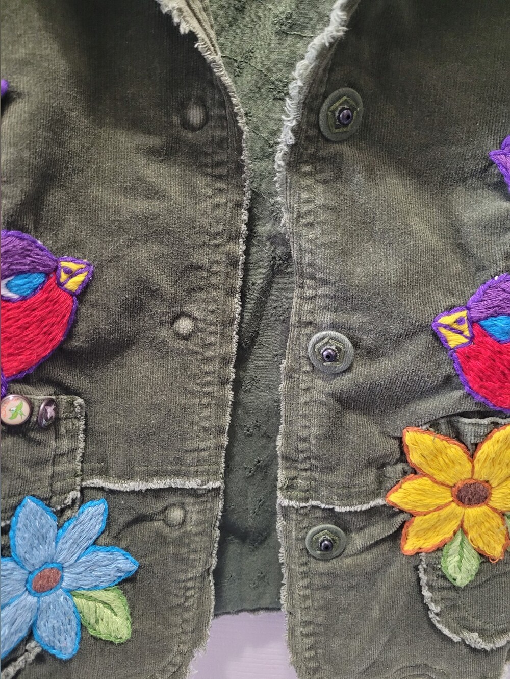 JoyStick Johnny Was Olive Green Corduroy Blazer Embroidered Birds Flowers Boho L - Picture 10 of 12